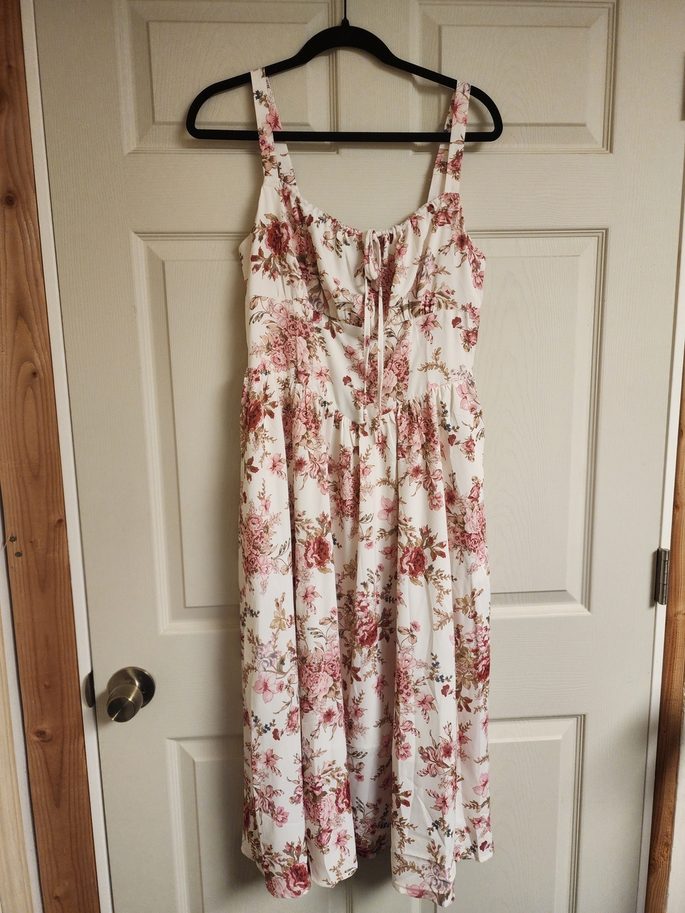 White Floral Tie-Front Midi Dress with Rose Print